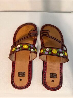 Handcrafted Brown Floral Leather Slide Sandals - Brown
